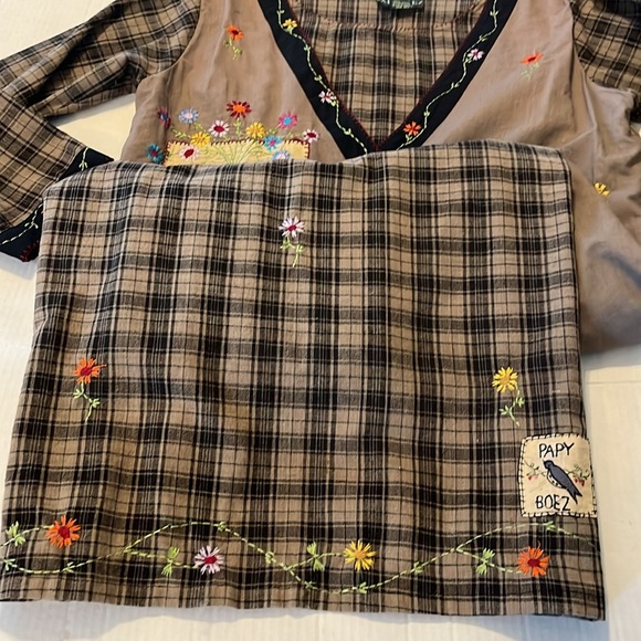 RARE! VTG-Papy Boez-80’s/90’s-S/M-Brown& black plaid,embroidered,patchwork,dress - Picture 10 of 16